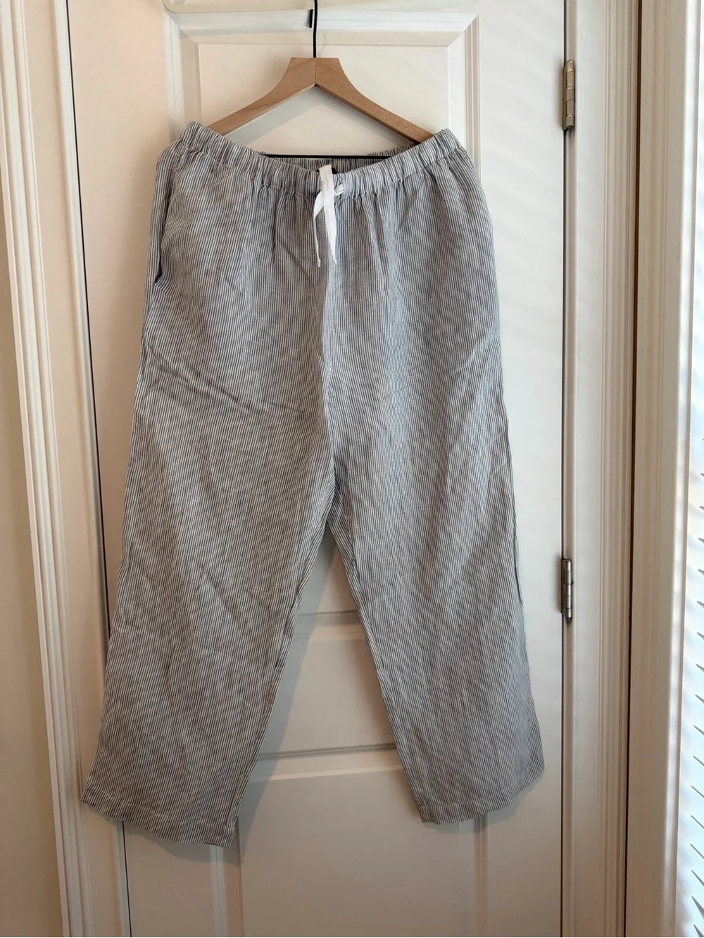 Quince Light navy and white Cropped Drawstring Linen Pants